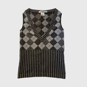 Colori Y2K Grey Argyle Checker & Stripe Print V-Neck Vest Top Size M-L